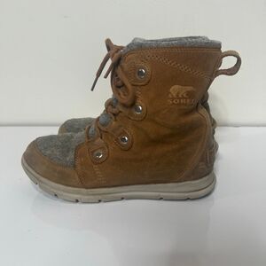 Sorel Tan Leather Gray Wool Boots Lace Up Sz 8